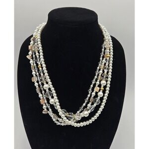 Layered Four Strand Faux Pearl, Crystal, Iridescent Beaded Statement Necklace
